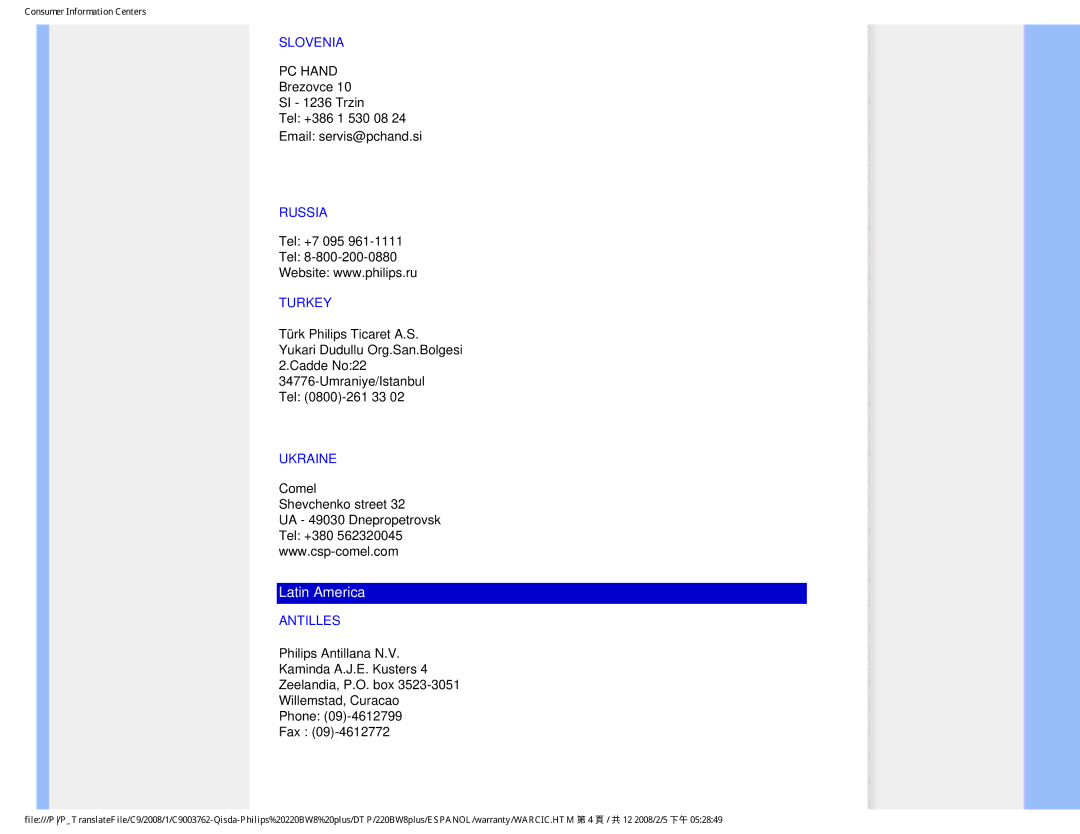 Philips 225B1 user manual Slovenia, Russia, Turkey, Ukraine, Antilles 