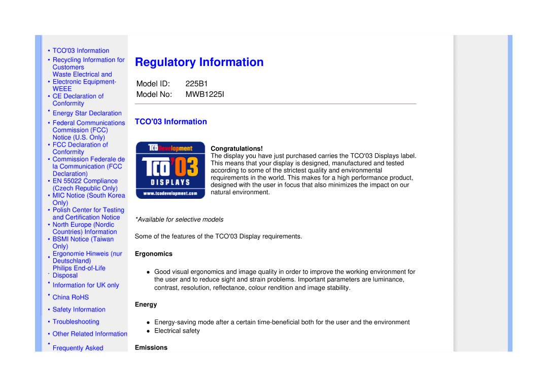 Philips 225B1 manual Regulatory Information, TCO03 Information 