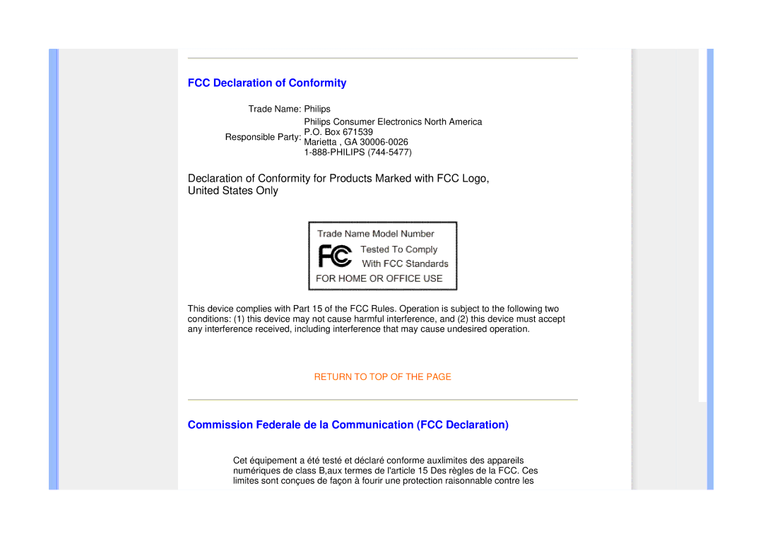 Philips 225B1 manual FCC Declaration of Conformity, Commission Federale de la Communication FCC Declaration 