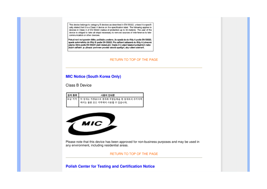 Philips 225B1 manual MIC Notice South Korea Only, Polish Center for Testing and Certification Notice 