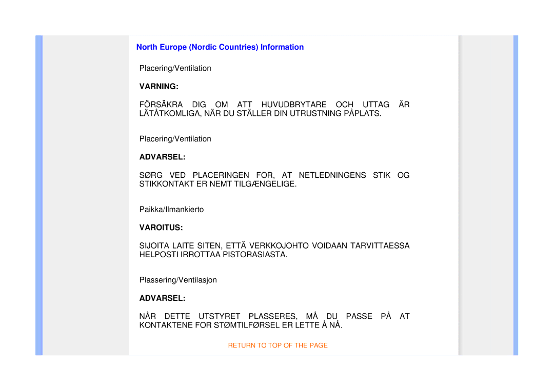 Philips 225B1 manual North Europe Nordic Countries Information, Varning 