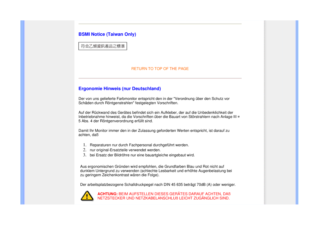 Philips 225B1 manual Bsmi Notice Taiwan Only, Ergonomie Hinweis nur Deutschland 