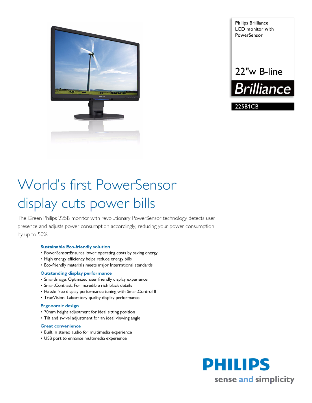 Philips 225B1CB/00 manual Sustainable Eco-friendly solution, Outstanding display performance, Ergonomic design 