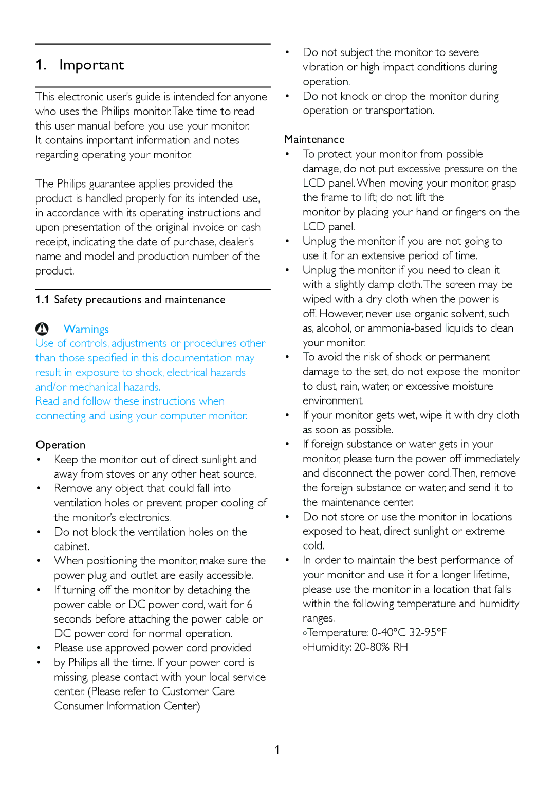 Philips 225B2CB/00, 225BL2 Safety precautions and maintenance, Operation, Please use approved power cord provided 