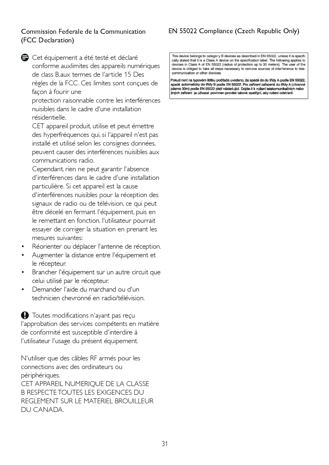 Philips 225B2CB/00, 225BL2 user manual Commission Federale de la Communication, FCC Declaration 