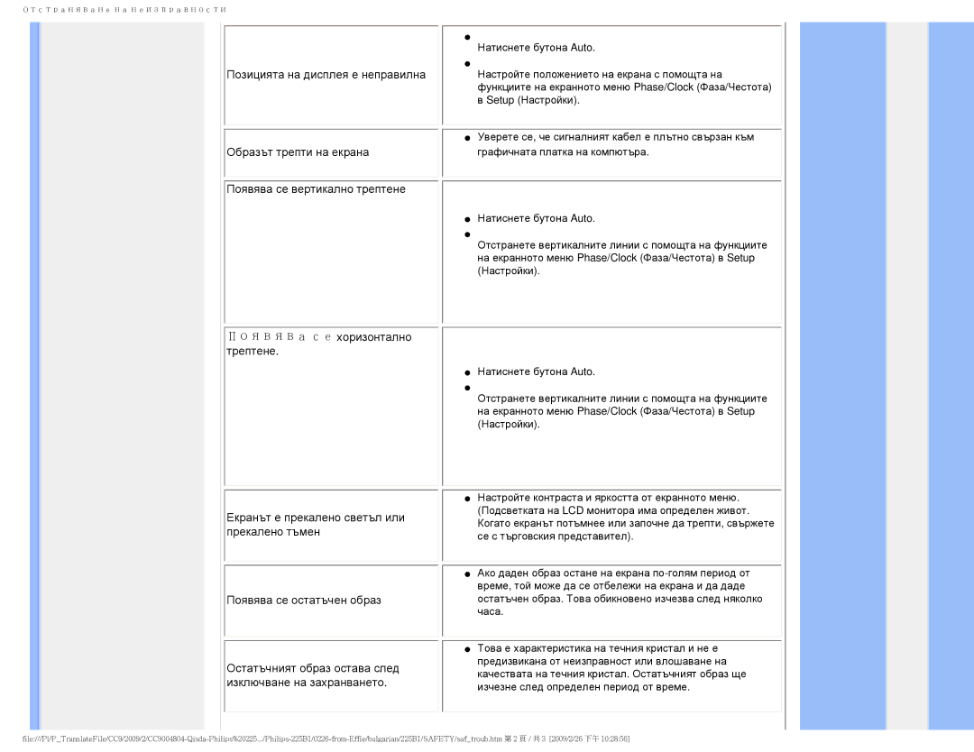 Philips 225BI user manual Образът трепти на екрана 