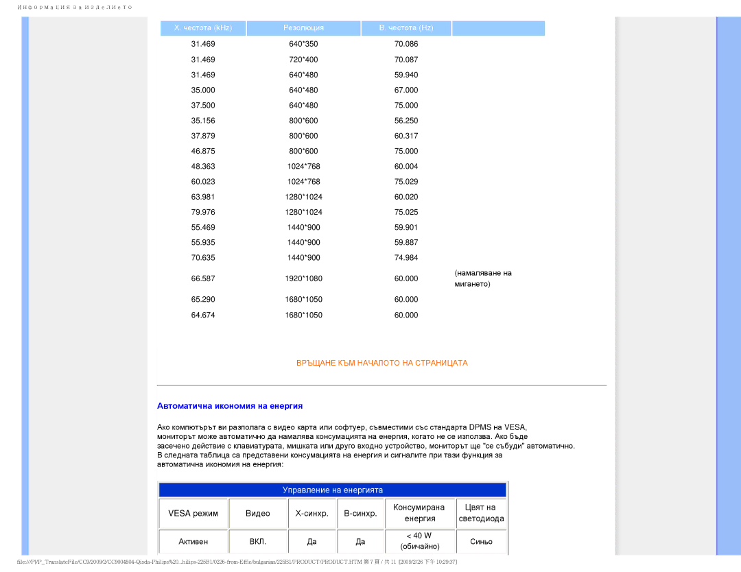 Philips 225BI user manual Автоматична икономия на енергия 