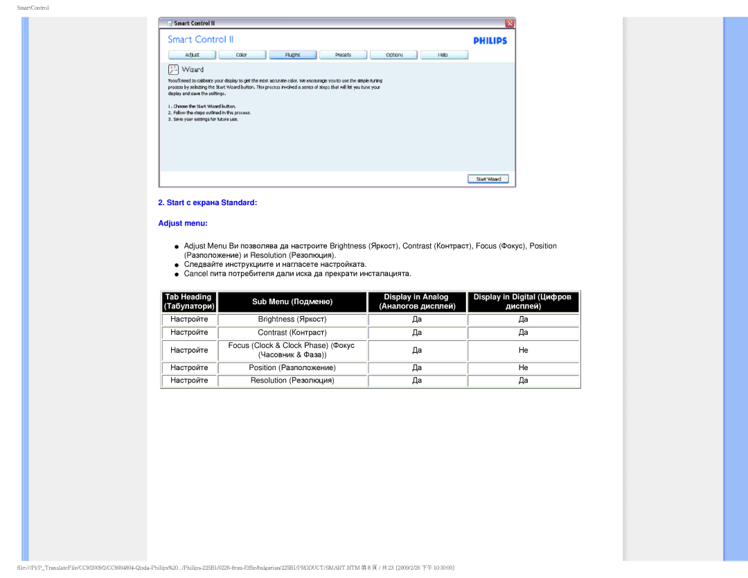 Philips 225BI user manual Start с екрана Standard Adjust menu, Display in Analog Display in Digital Цифров 