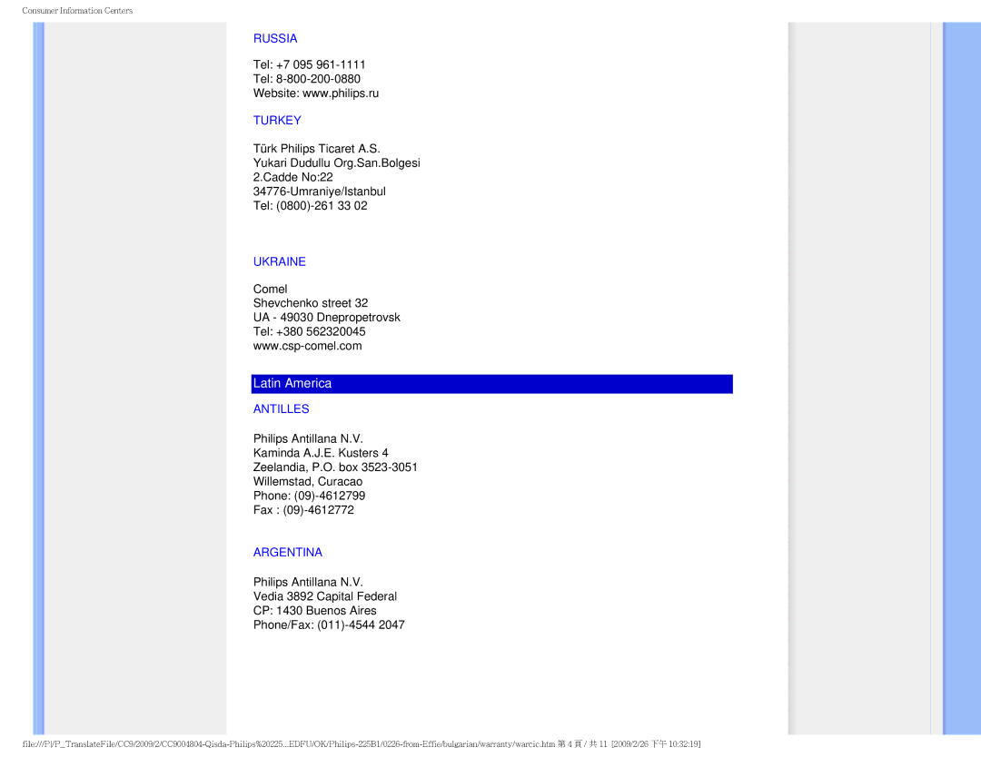 Philips 225BI user manual Latin America 