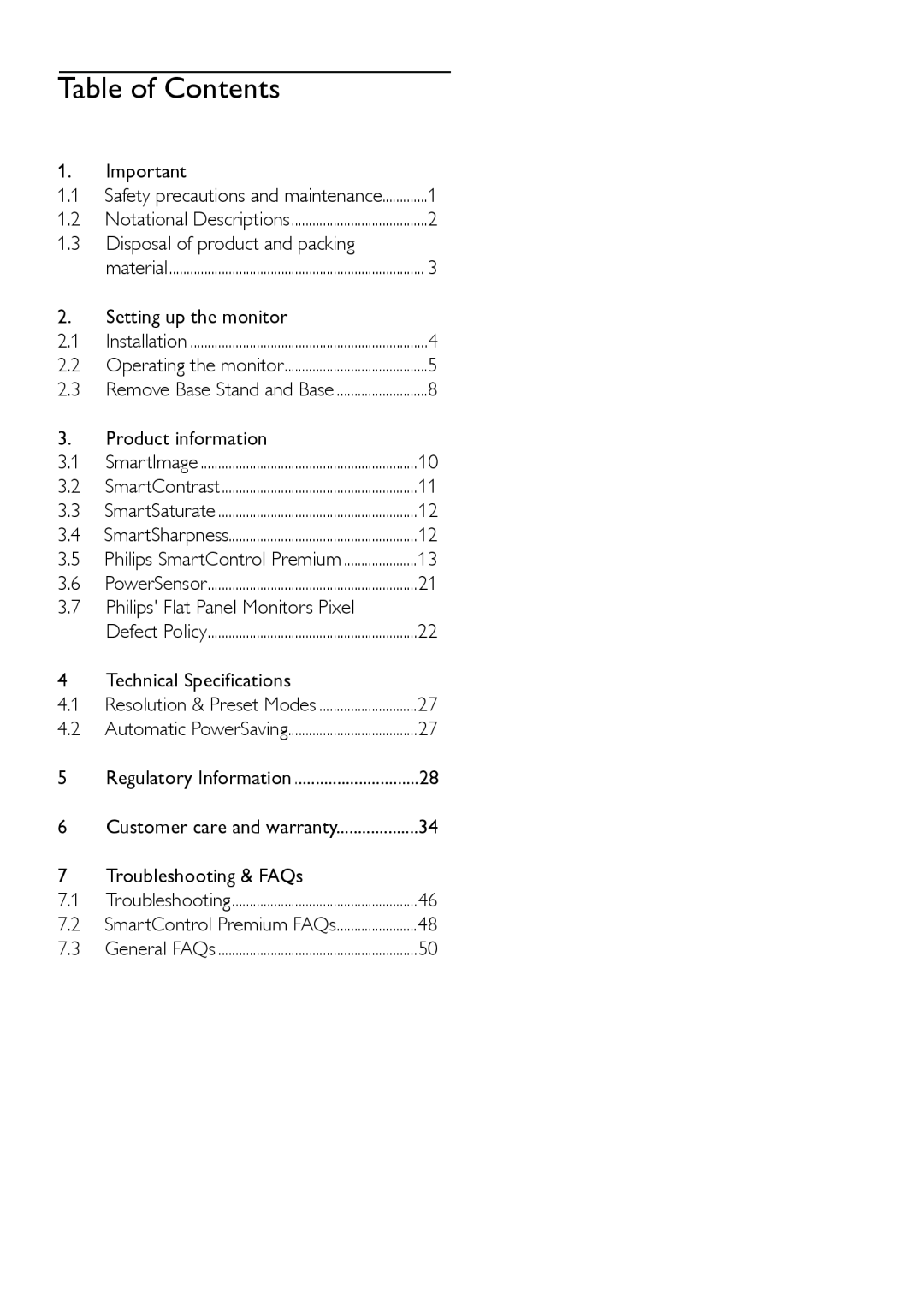 Philips 225BL2, 225B2 user manual Table of Contents 