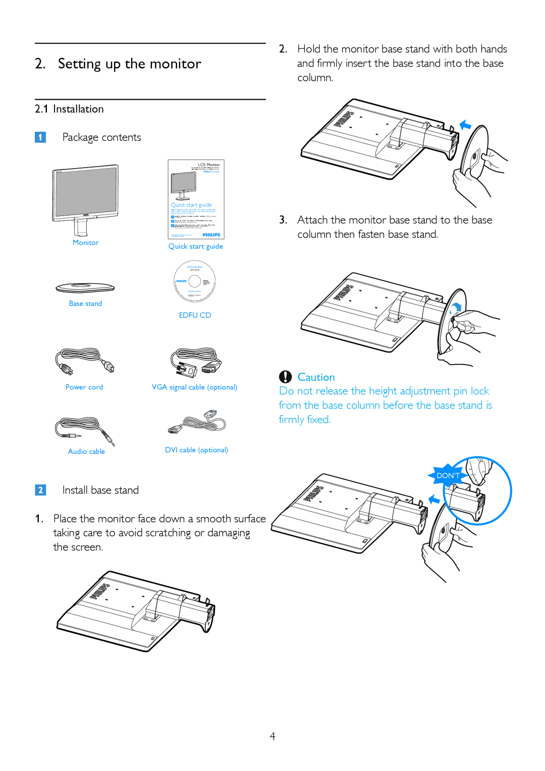 Philips 225BL2, 225B2 user manual Setting up the monitor 
