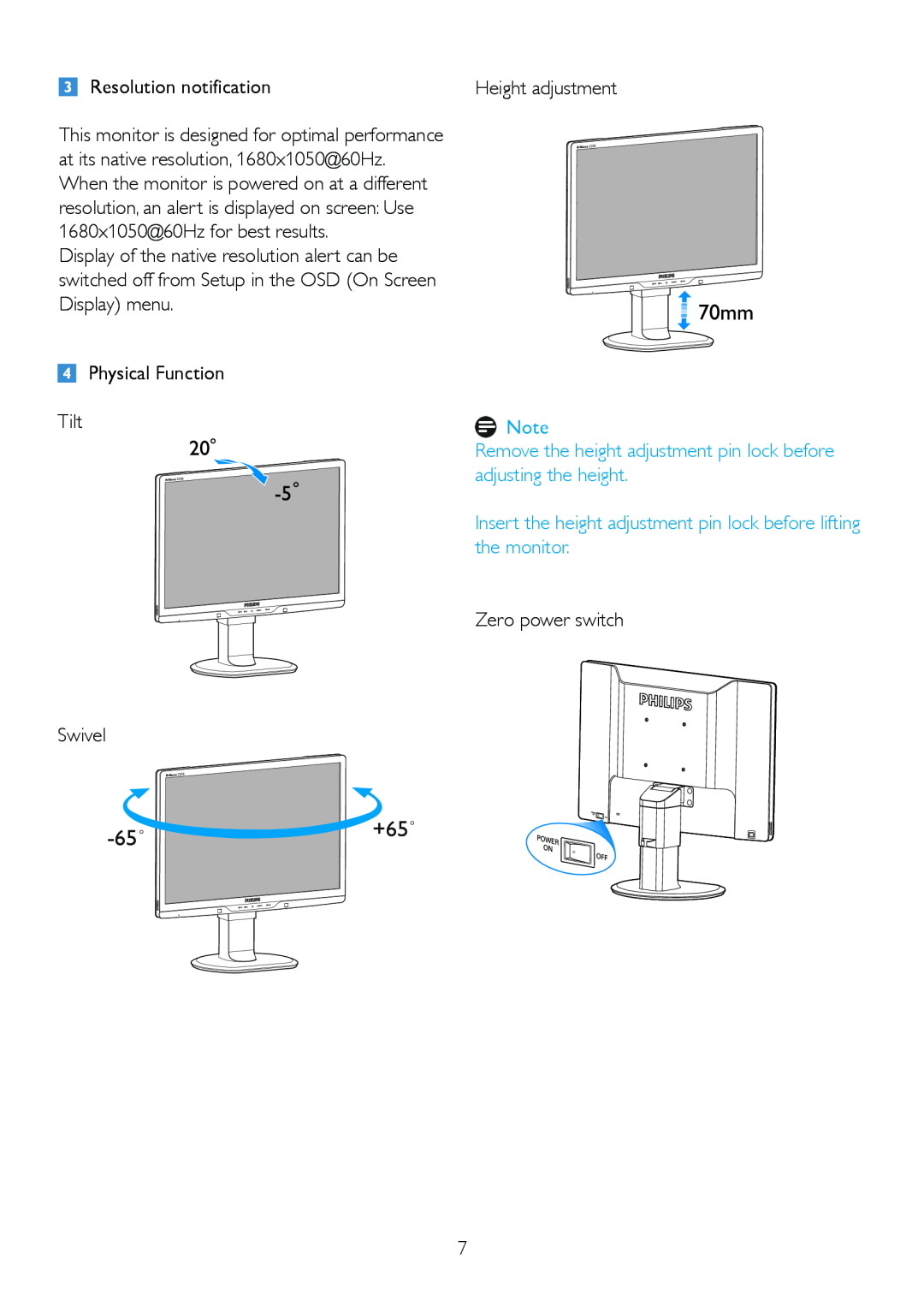 Philips 225B2, 225BL2 Remove the height adjustment pin lock before adjusting the height, 65˚+65˚, Resolution notification 