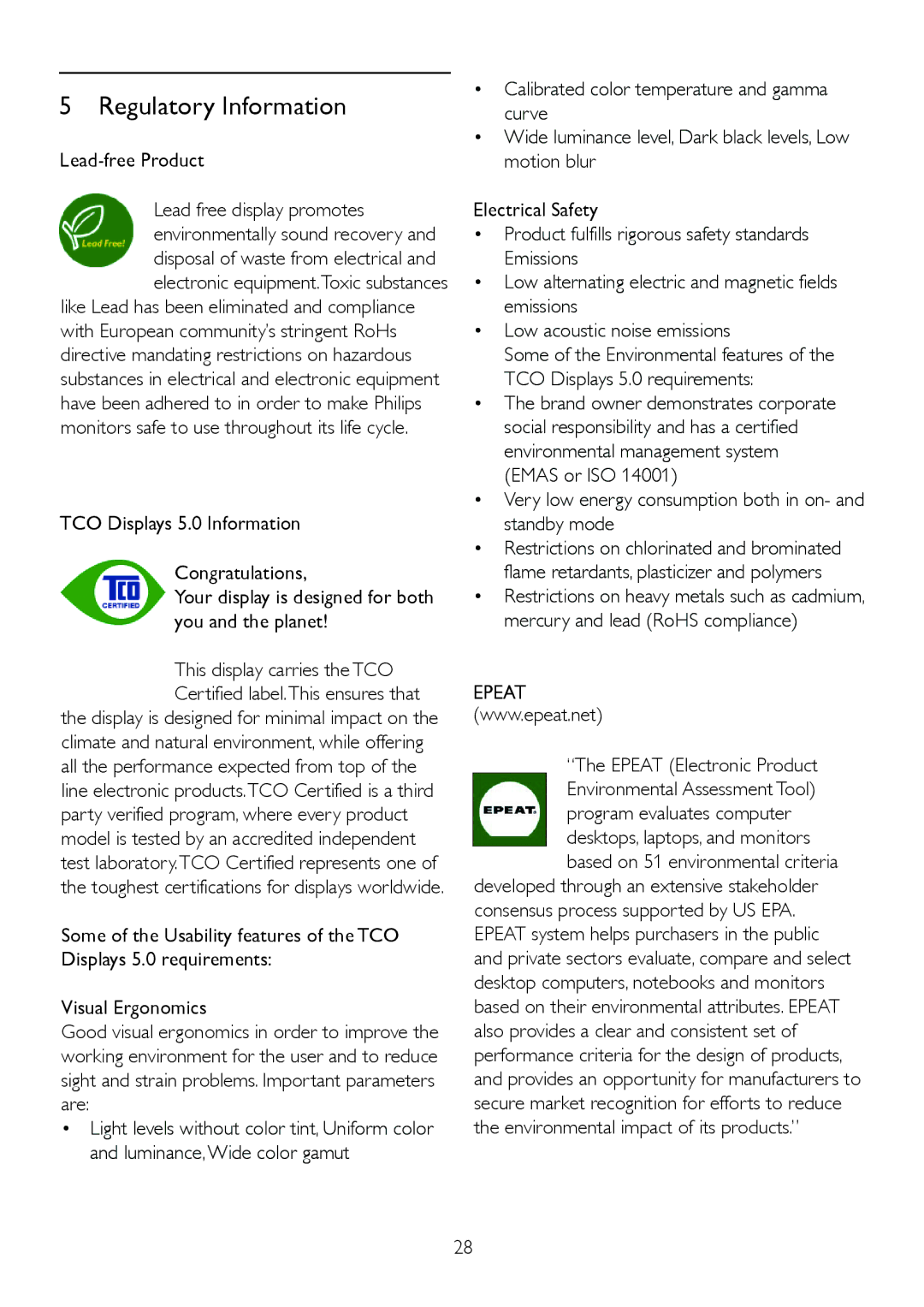 Philips 225BL2 Lead-free Product, Very low energy consumption both in on- and standby mode, Epeat Electronic Product 