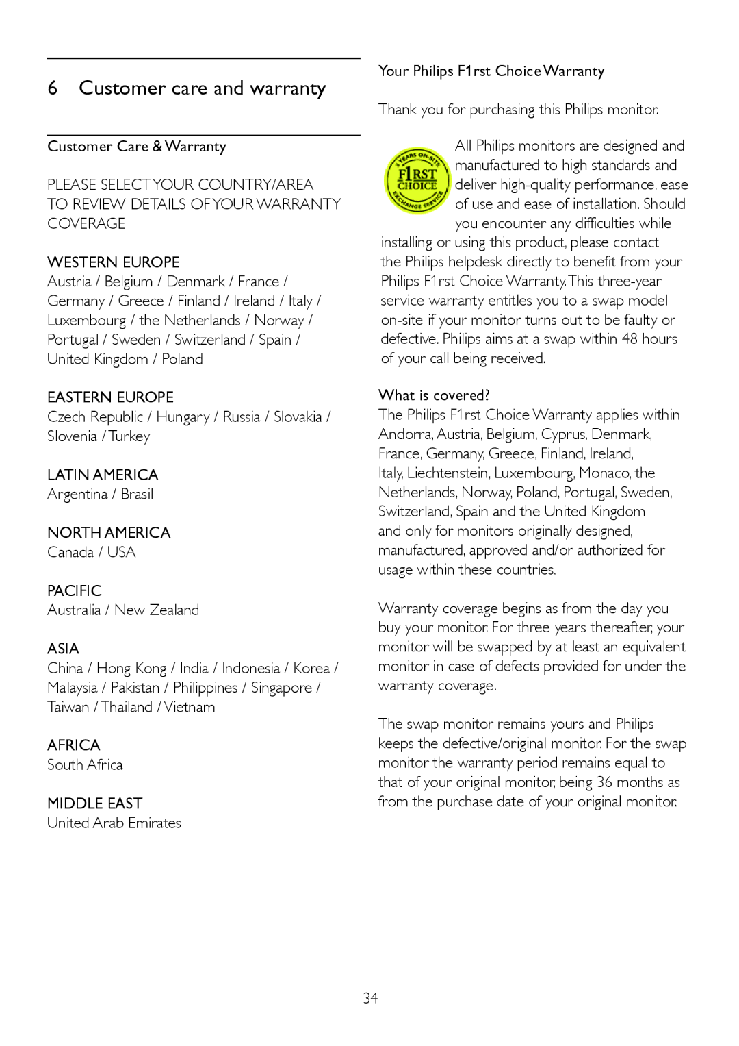 Philips 225BL2, 225B2 user manual Eastern Europe, Latin America, North America, Pacific, Asia, Africa, Middle East 