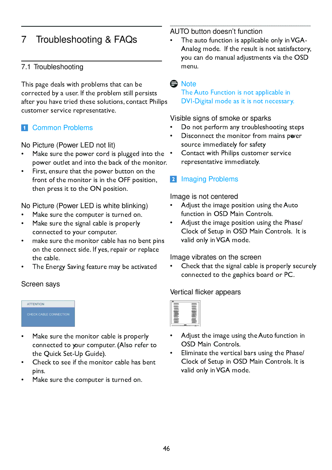 Philips 225BL2, 225B2 user manual Troubleshooting, No Picture Power LED not lit, Screen says 