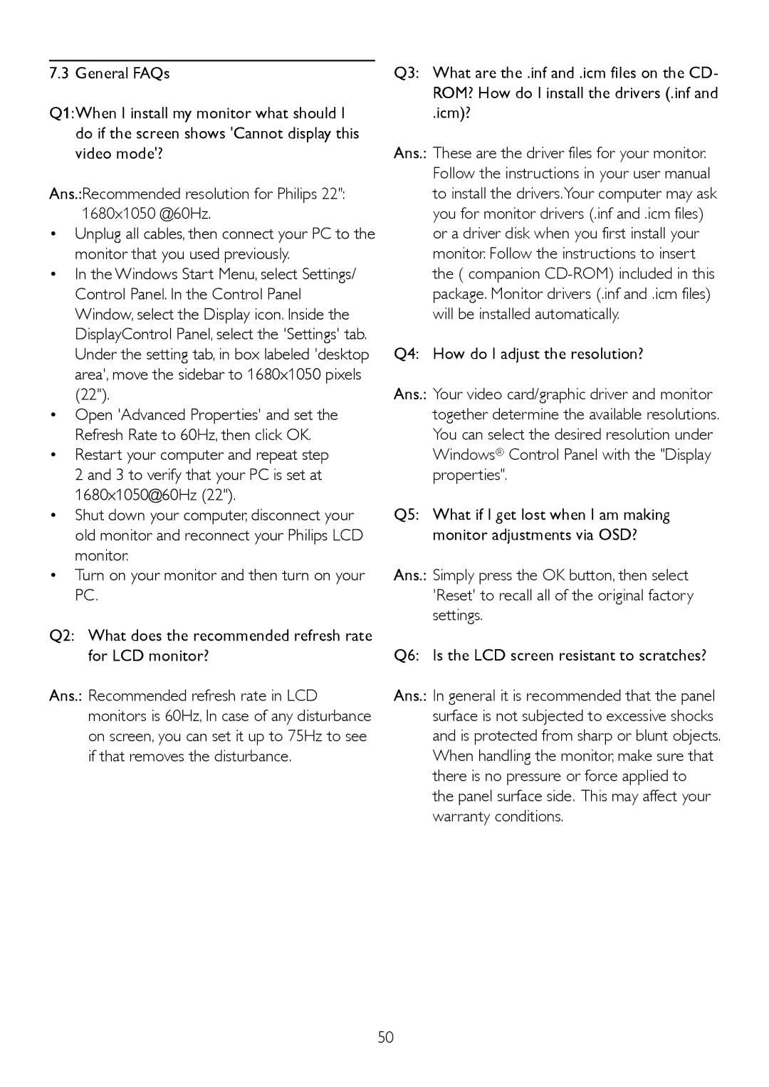 Philips 225BL2, 225B2 user manual Icm? Q4 How do I adjust the resolution? 