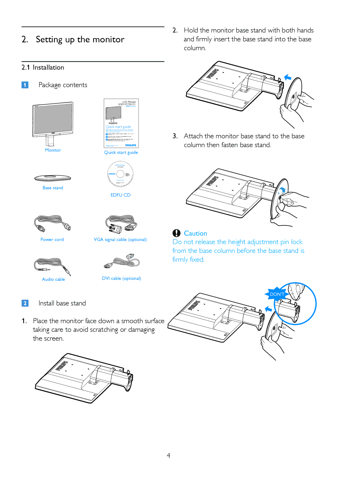 Philips 225BL2, 225B2 user manual Setting up the monitor, Installation Package contents 