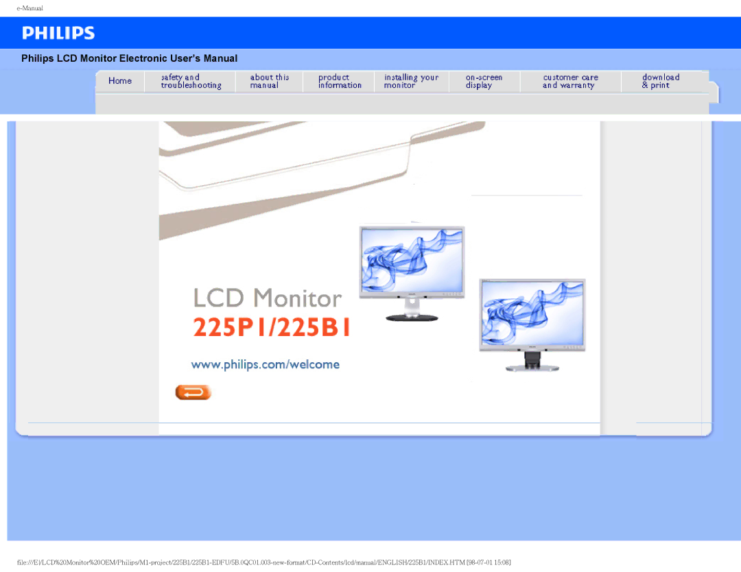 Philips 225P1ES/00 user manual Philips LCD Monitor Electronic User’s Manual 