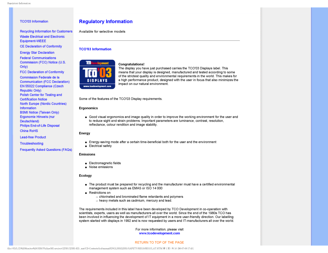 Philips 225P1ES/00 user manual Regulatory Information, TCO03 Information 