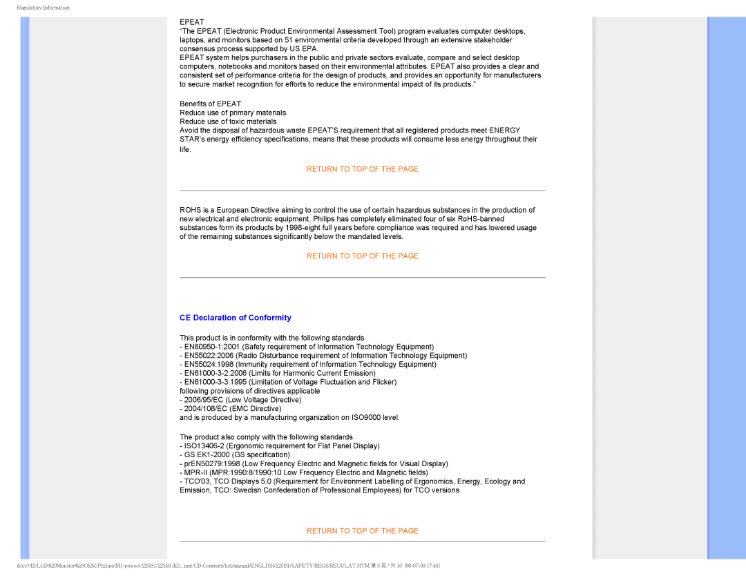 Philips 225P1ES/00 user manual CE Declaration of Conformity, Epeat 