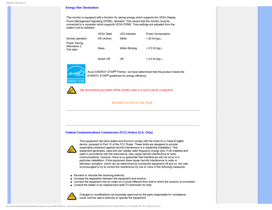 Philips 225P1ES/00 user manual Energy Star Declaration, Federal Communications Commission FCC Notice U.S. Only 