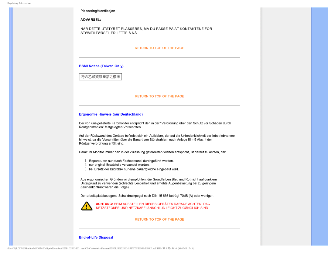 Philips 225P1ES/00 user manual Bsmi Notice Taiwan Only, Ergonomie Hinweis nur Deutschland, End-of-Life Disposal 