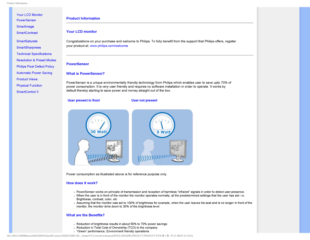 Philips 225P1ES/00 user manual How does it work?, User present in front User not present 