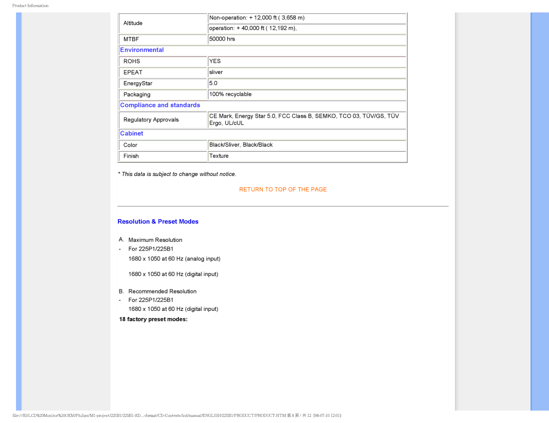 Philips 225P1ES/00 user manual Environmental 