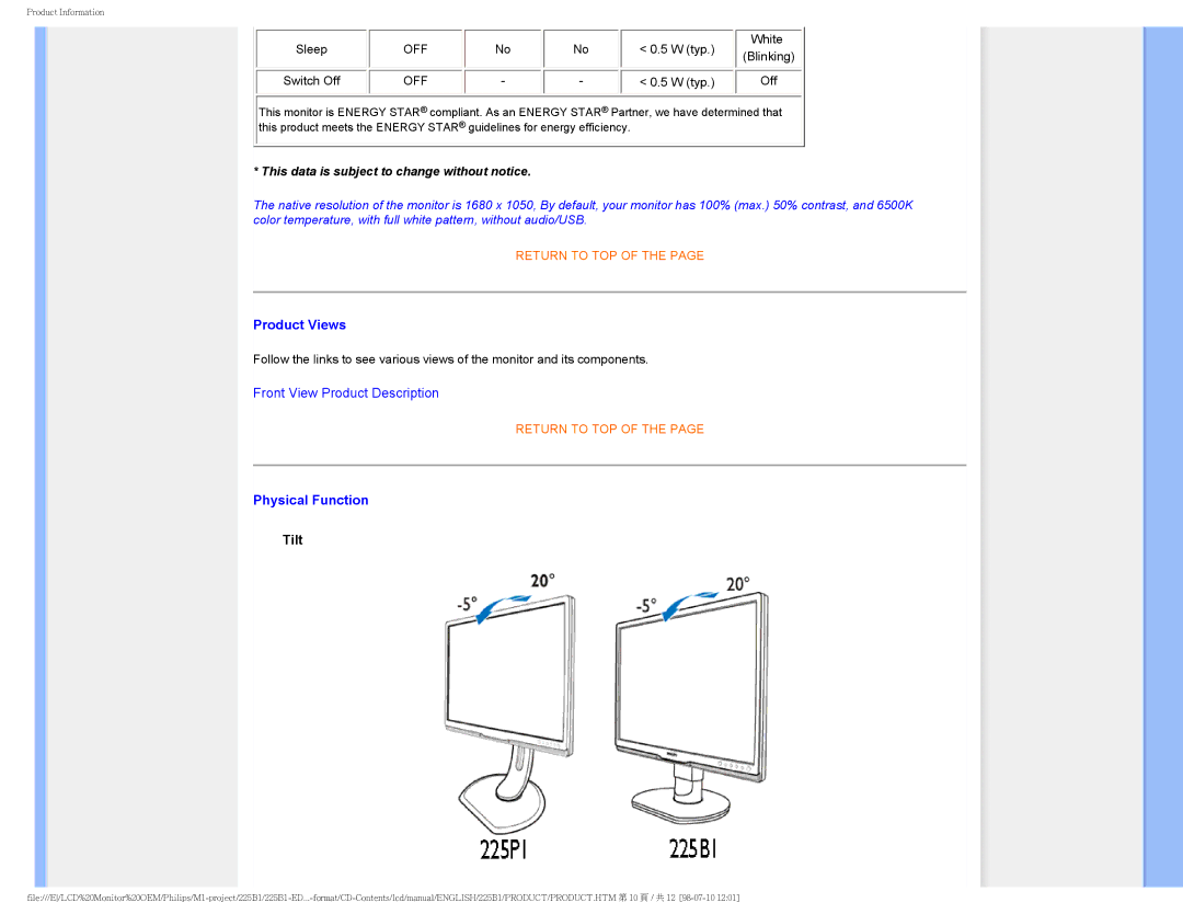 Philips 225P1ES/00 user manual Product Views 