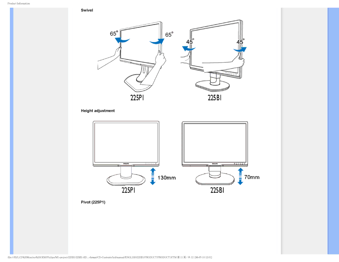 Philips 225P1ES/00 user manual Swivel Height adjustment Pivot 225P1 