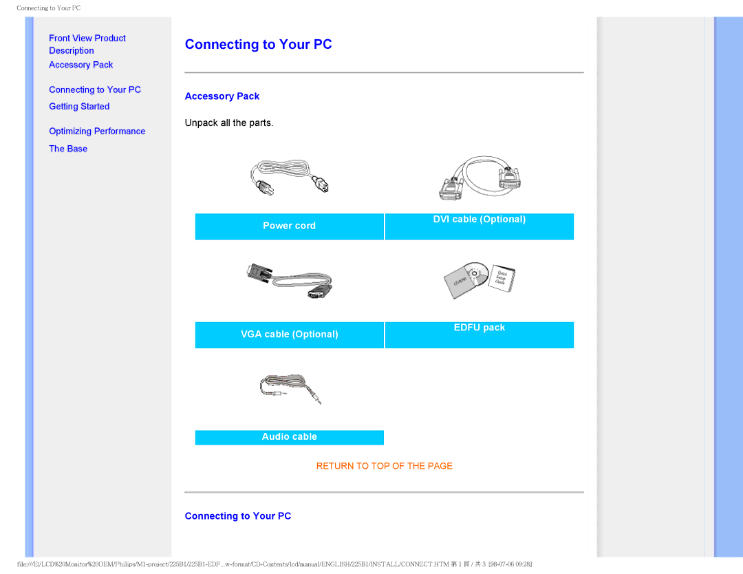 Philips 225P1ES/00 user manual Connecting to Your PC, Accessory Pack 