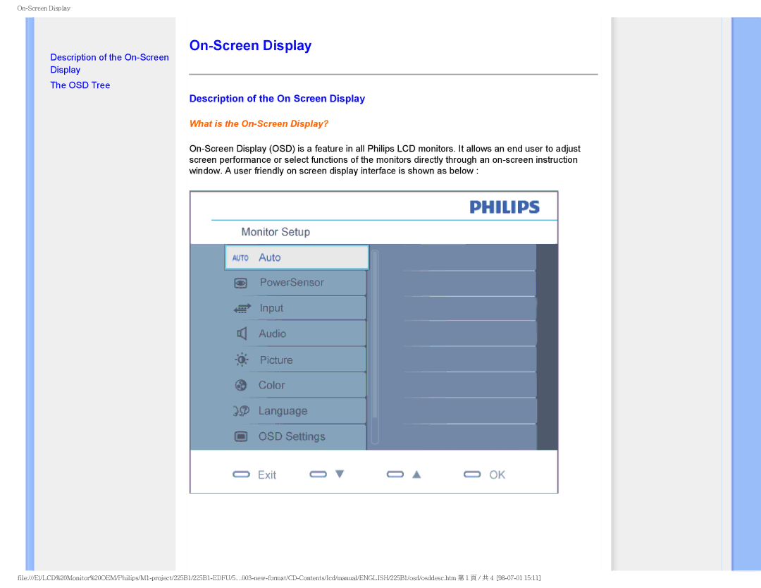 Philips 225P1ES/00 user manual On-Screen Display, Description of the On Screen Display 