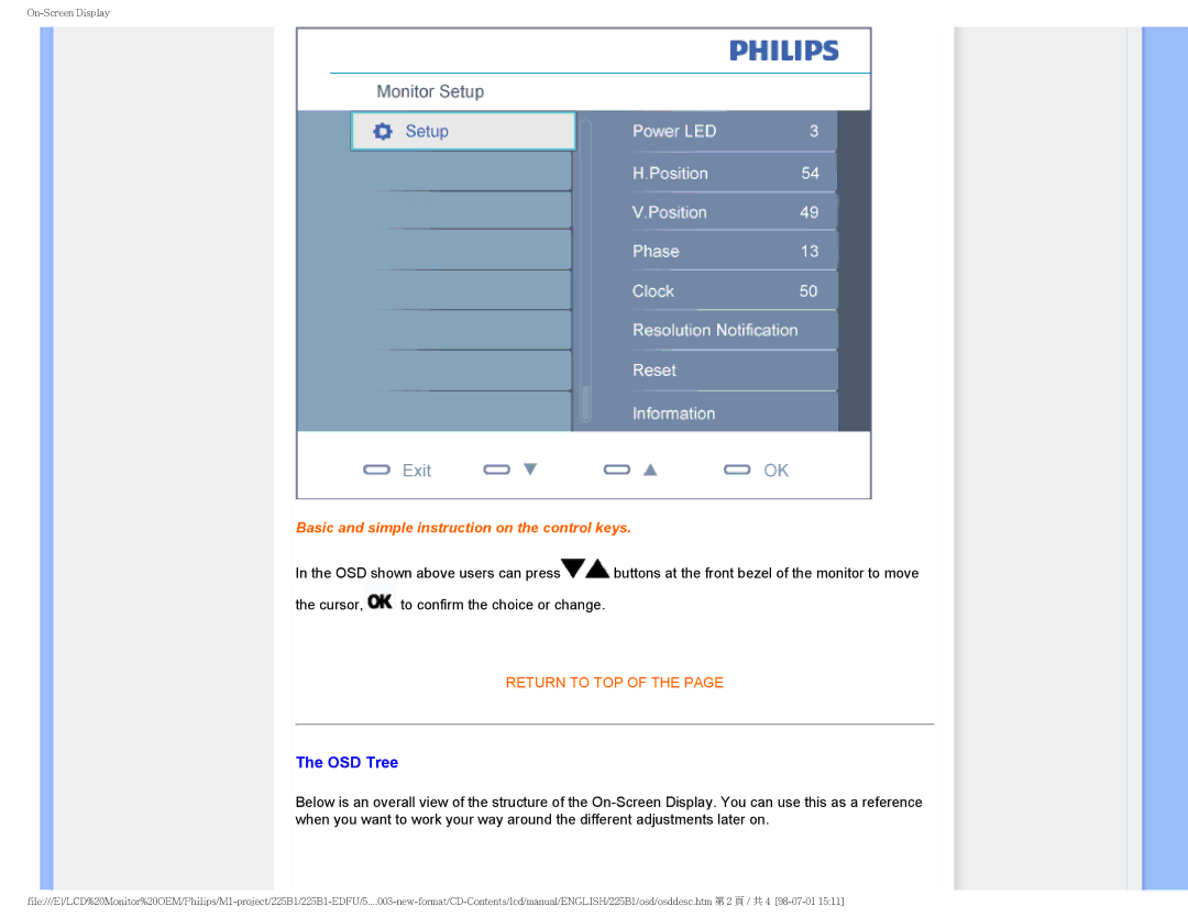 Philips 225P1ES/00 user manual OSD Tree, Basic and simple instruction on the control keys 