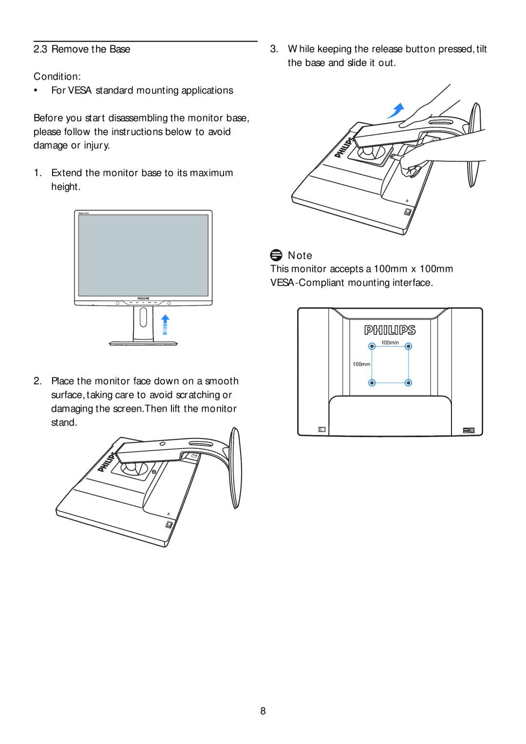 Philips 225PL2, 225P2 user manual Remove the Base, Condition For Vesa standard mounting applications 