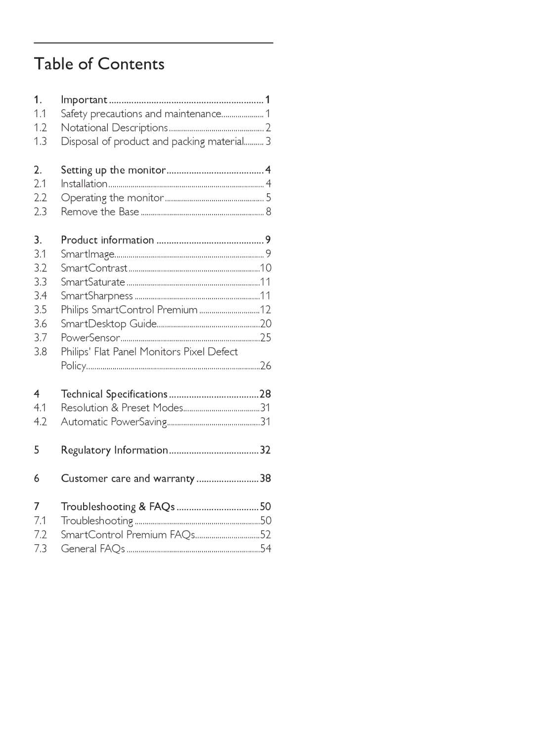 Philips 225PL2, 225P2 user manual Table of Contents 