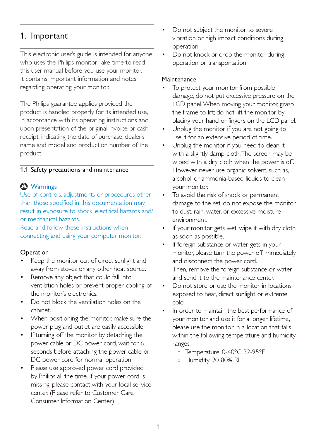 Philips 225P2, 225PL2 user manual Safety precautions and maintenance, Operation, Temperature 0-40C 32-95F Humidity 20-80% RH 