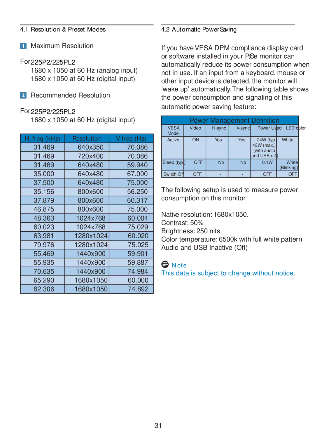 Philips user manual Resolution & Preset Modes, Maximum Resolution, For 225P2/225PL2, Automatic PowerSaving 