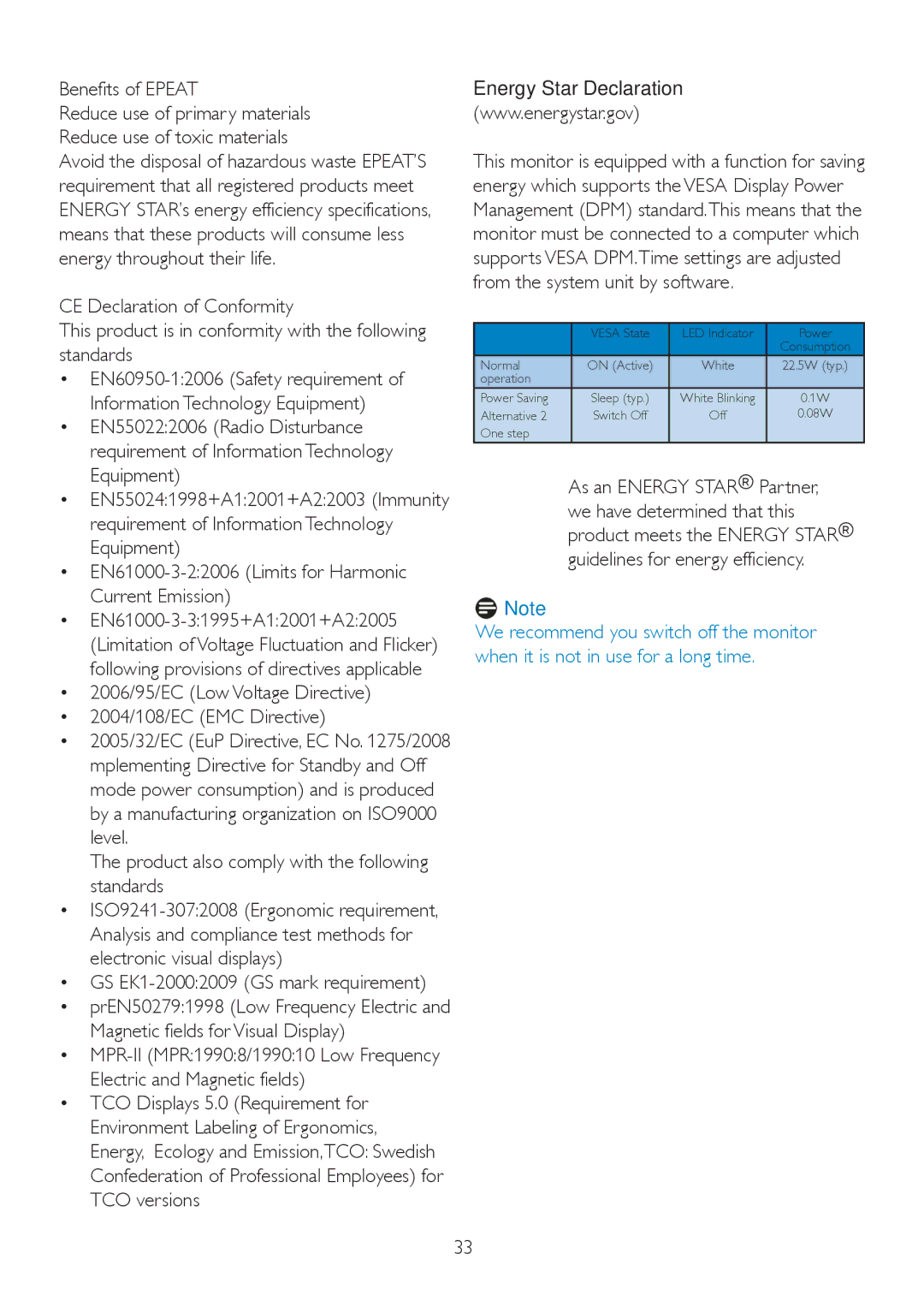 Philips 225P2, 225PL2 user manual Benefits of Epeat, 2006/95/EC Low Voltage Directive 2004/108/EC EMC Directive 