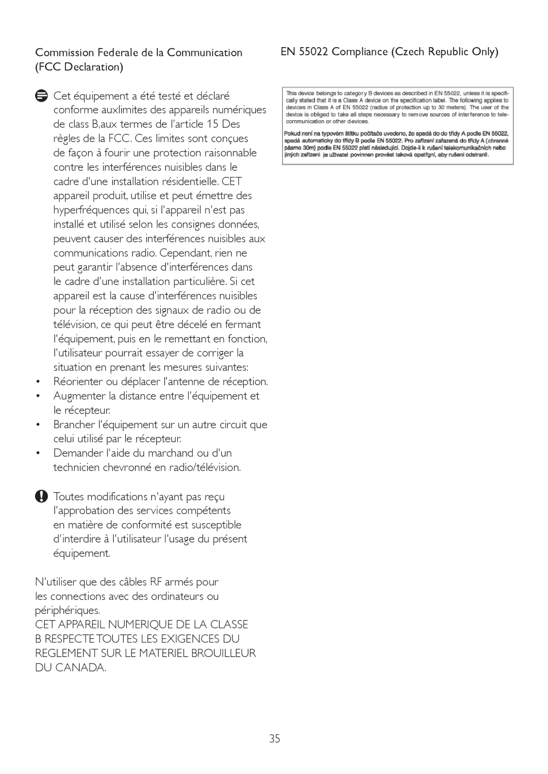 Philips 225P2, 225PL2 user manual Commission Federale de la Communication, FCC Declaration 