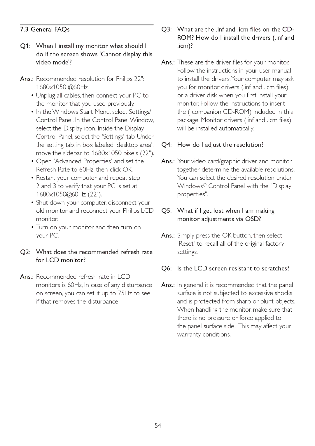 Philips 225PL2, 225P2 user manual General FAQs, Icm? Q4 How do I adjust the resolution? 