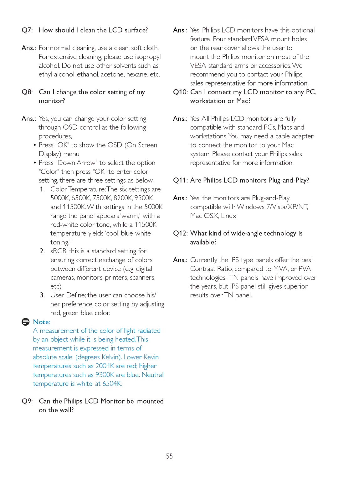 Philips 225P2, 225PL2 Q7 How should I clean the LCD surface?, Q9 Can the Philips LCD Monitor be mounted on the wall? 