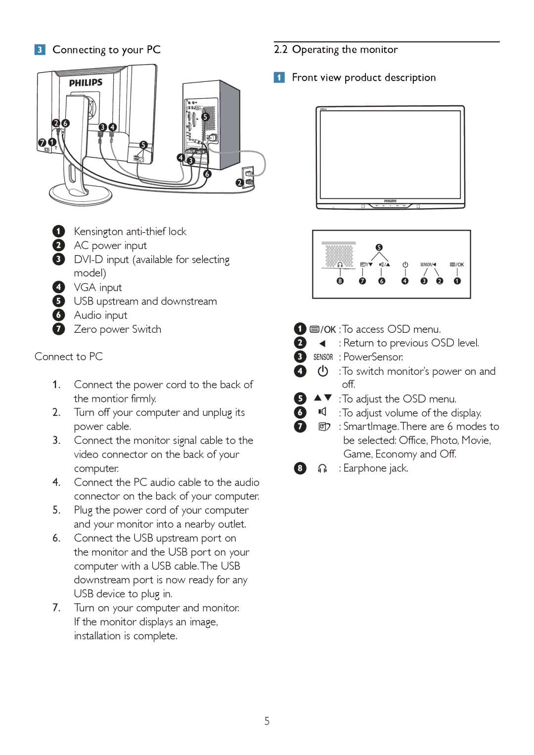 Philips 225P2, 225PL2 user manual Earphone jack 