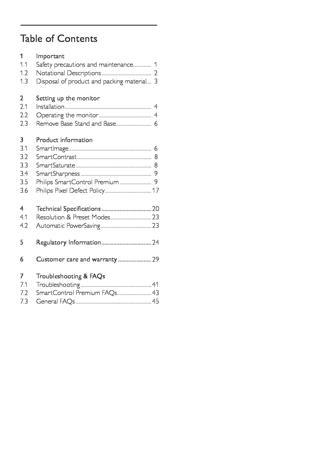 Philips 226C2, 226CL2 user manual Table of Contents 