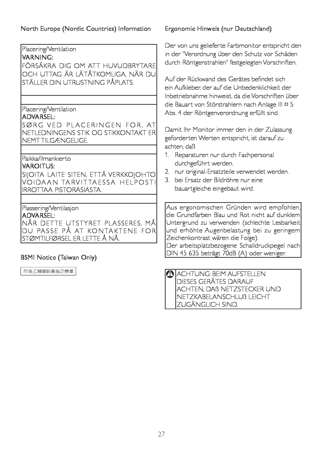 Philips 226CL2, 226C2 user manual North Europe Nordic Countries Information Placering/Ventilation 