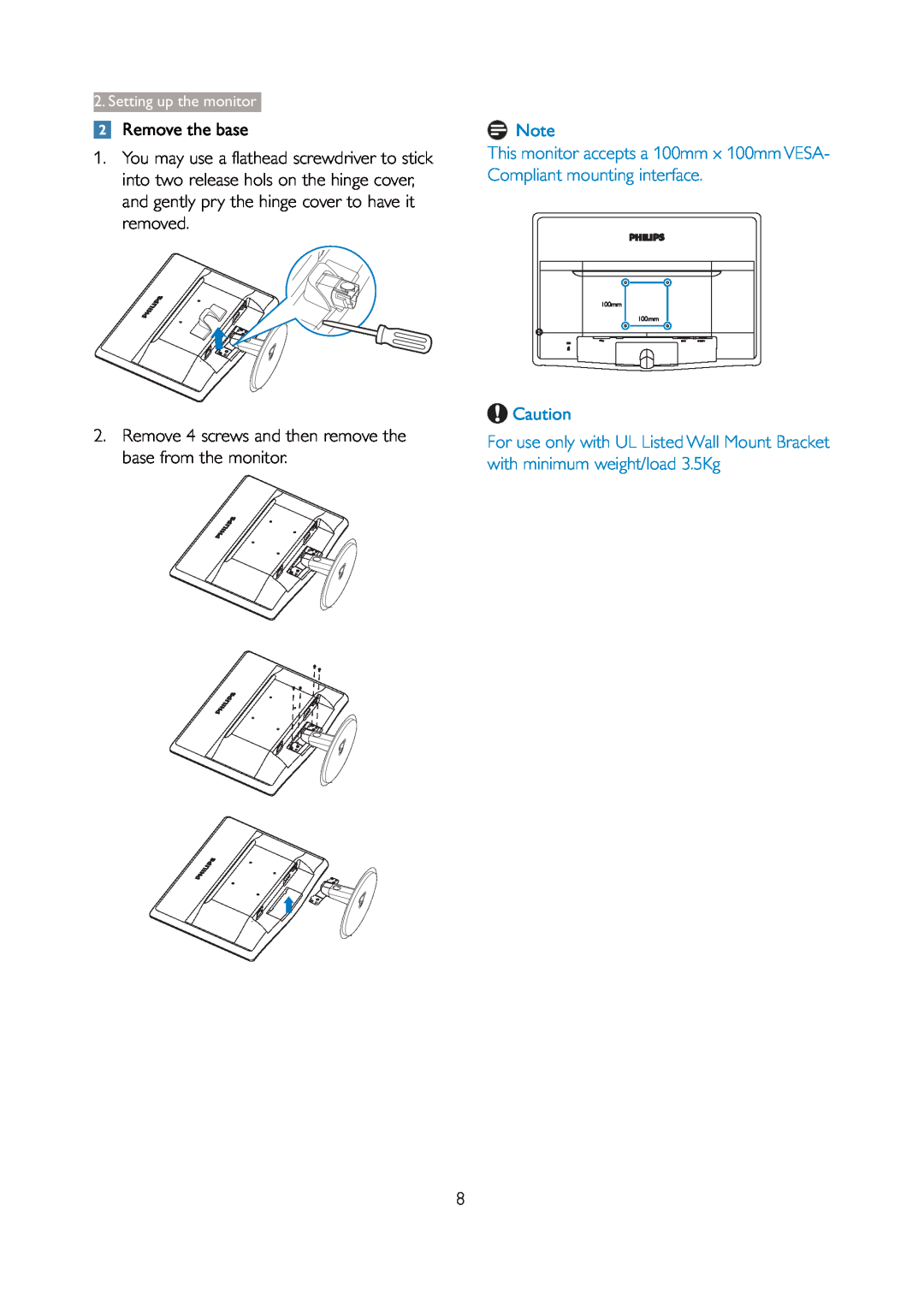 Philips 226V3L user manual Remove the base, Remove 4 screws and then remove the base from the monitor, 100mm 100mm 
