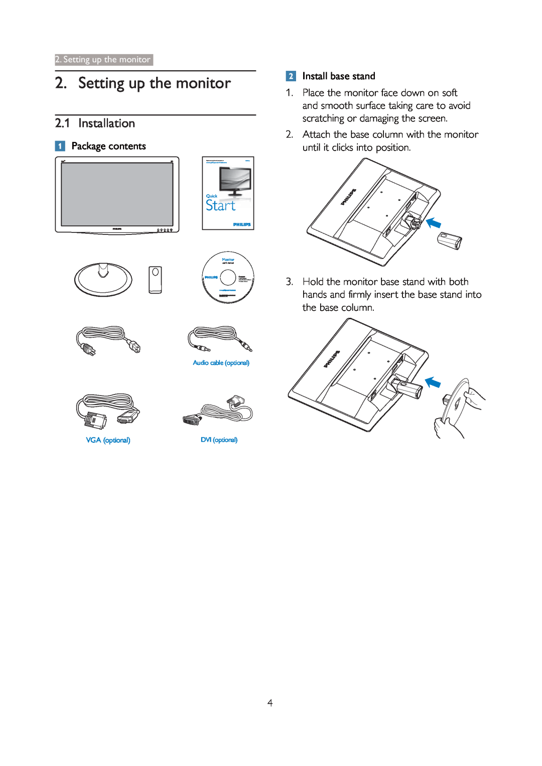 Philips 226V3L user manual Setting up the monitor, Installation, Package contents, Install base stand, Start 