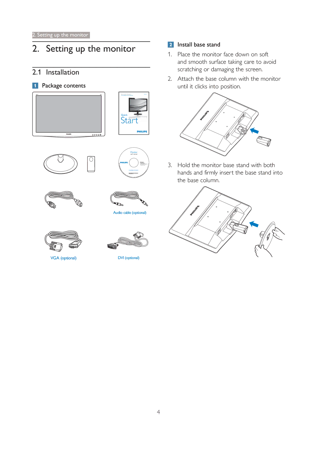 Philips 226V3L user manual Setting up the monitor, Installation, Package contents, Install base stand 