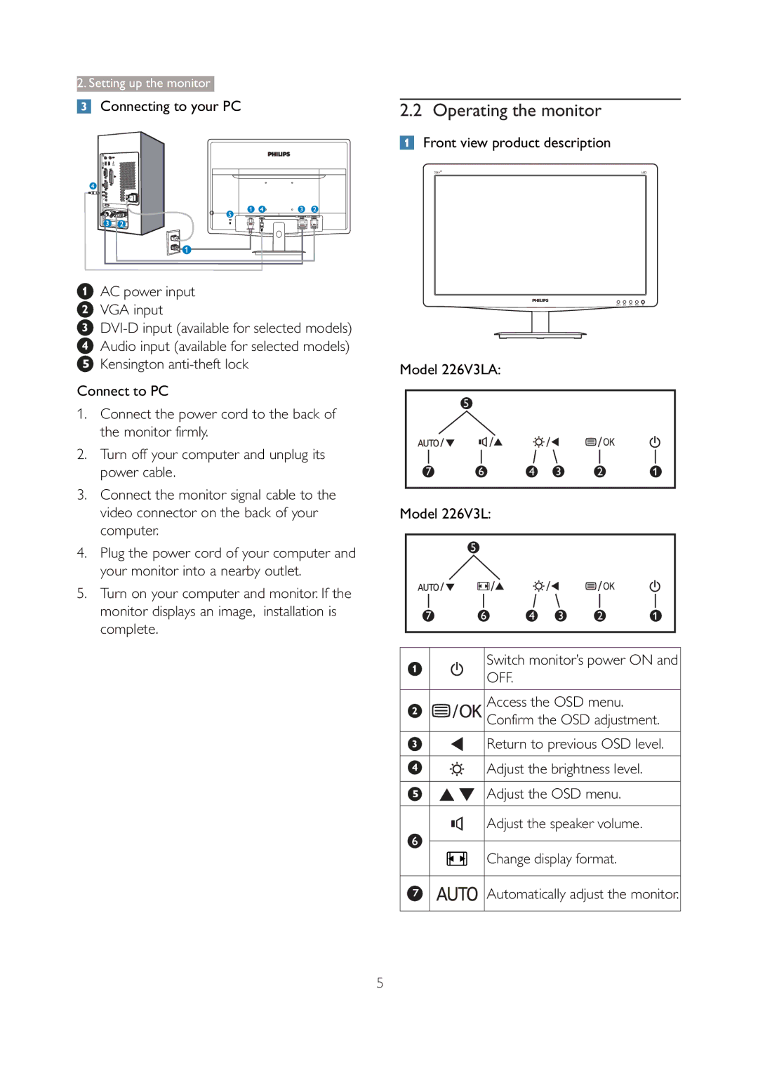 Philips 226V3L user manual Operating the monitor, Connecting to your PC 