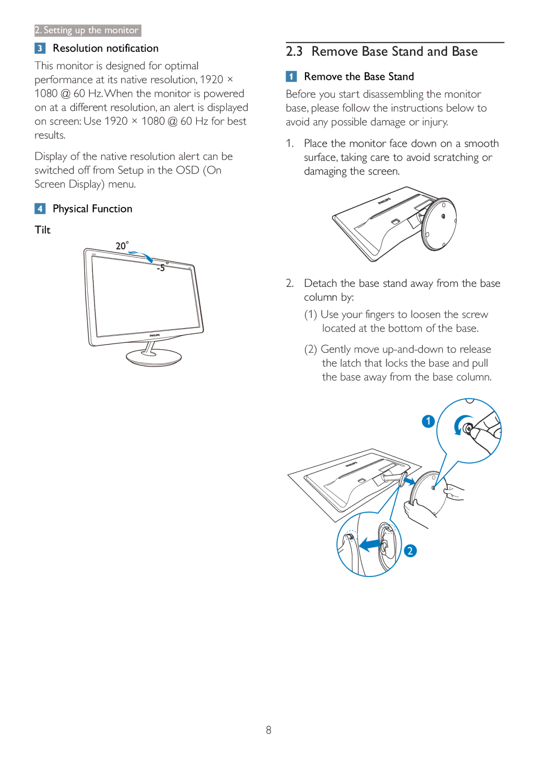 Philips 227E3L Remove Base Stand and Base, Resolution notification, Physical Function Tilt, Remove the Base Stand 