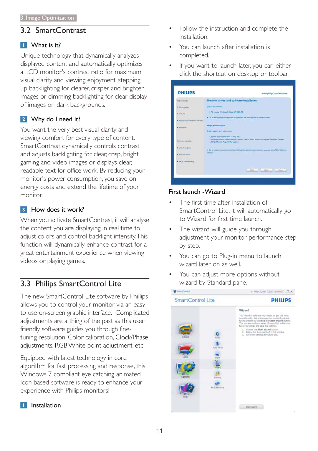 Philips 227E3L user manual SmartContrast, Philips SmartControl Lite, Installation, First launch -Wizard 